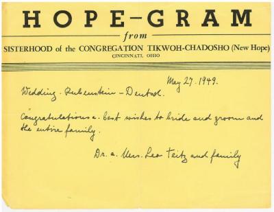 "Hope-Gram" from Sisterhood of Congregation Tikwoh Chadosho (New Hope) from Dr. & Mrs. Leo Teitz and family to Rubenstein - Deutch Wedding