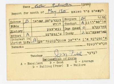 Bureau of Jewish Education, Cincinnati, Ohio - Report for Esther Rubenstein [n/k/a Esther Deutch] for Month of May 1935