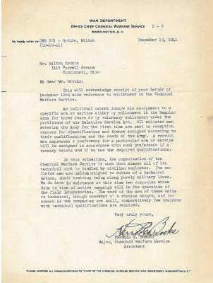  Letter from US War Department – Office Chief Chemical Warfare Department Regarding Milton’s Orchin’s Inquiry of Enlisting in the US Army’s Chemical Warfare Service