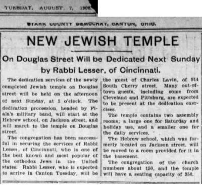 Article Regarding Rabbi Lesser of Cincinnati Attending the Dedication of New Jewish Synagogue in Canton Ohio