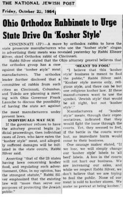 Articles Regarding Rabbi Eliezer Silver Fighting in Ohio in 1954 Against Kosher Style Meat & Others Looking to Follow His Lead