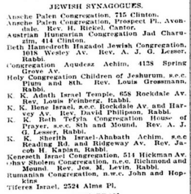 Listing of Cincinnati Synagogues from 1922 Edition of Williams' Cincinnati City Directory