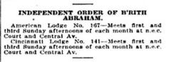 Listing of Cincinnati Lodges of Independent Order of Brith Abraham from 1922 Edition of Williams' Cincinnati City Directory