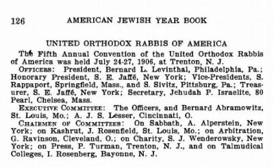 Bio of Agudas HaRabonim, United Orthodox Rabbis of America, from 1906-1907 American Jewish Yearbook