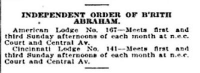 Listing of Cincinnati Lodges of Independent Order of Brith Abraham from 1922 Edition of Williams' Cincinnati City Directory