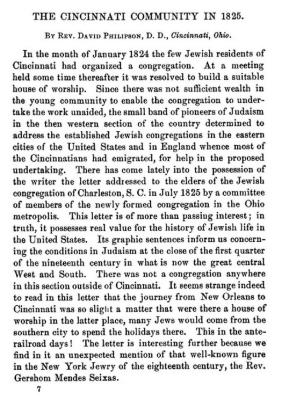 Article Entitled "The Cincinnati [Jewish] Community in 1825" by Rev David Philipson D. D.