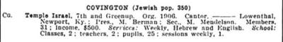 Temple Israel, Covington, Kentucky, Organizational Summary from 1919-1920 (5680) American Jewish Yearbook