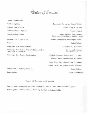 Temple Sholom Program for the Service of Installation for Rabbi Gerry H. Walter, 1984 (Cincinnati, OH)