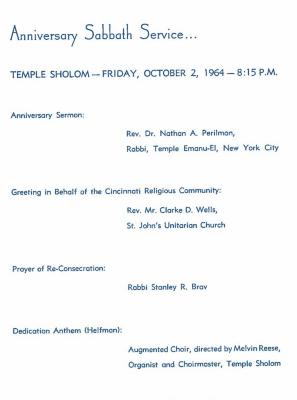 Program of Observance Marking the 10th Anniversary of the Founding of Temple Sholom, 1964 (Cincinnati, OH)