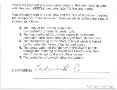 Membership card for Mrs. Tulane Chartock for Marcaz USA: The Zionist Organization of the Conservative Movement