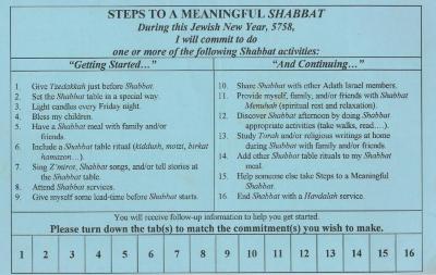 Adath Israel's "Steps to a Meaningful Shabbat" Commitment Card (Cincinnati, OH)