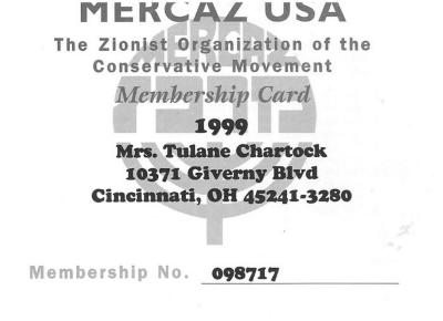 Membership card for Mrs. Tulane Chartock for Marcaz USA: The Zionist Organization of the Conservative Movement