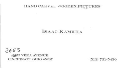 Business Card for Isaac Kamkha, Hand Carved Wooden Pictures (Cincinnati, OH)