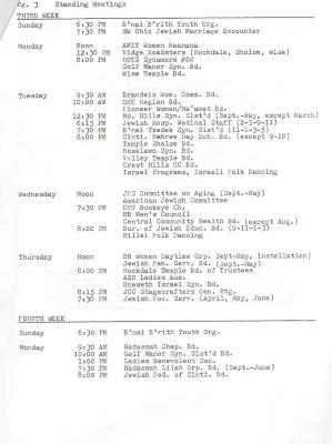 Typed Schedule of Standing Meetings for Adath Israel (Cincinnati, OH) 