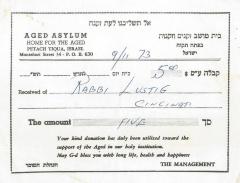 Aged Asylum, Home for the Aged (Petah Tiqua, Israel) - Contribution Receipt, 1973