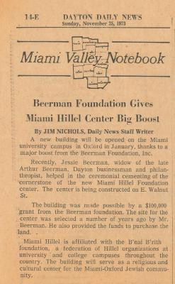 Article re: the $100,000 Grant from the Beerman Foundation towards the building of the Miami University Hillel Center, 1973