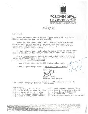Agudath Israel of America (New York, New York) - Letter Soliciting Donations for World-Wide Campaign, 1978