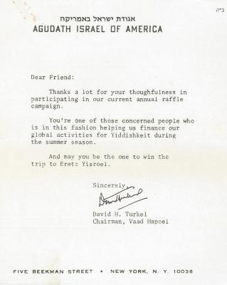 Agudath Israel of America (New York, New York) - Thank You Letter re: Contribution made towards Annual Raffle Campaign, 1976