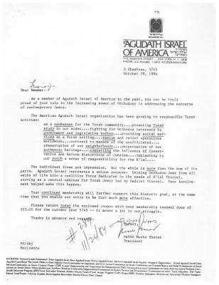 Agudath Israel of America (New York, New York) - Letter re: Membership Renewal, 1984
