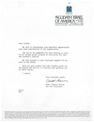 Agudath Israel of America (New York, New York) - Thank You Letter re: Contribution Made, 1986