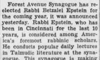 Article Regarding Hiring of Rabbi Betzalel Epstein by Forest Avenue Synagogue (Cincinnati, Ohio)