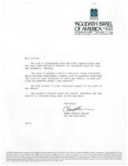 Agudath Israel of America (New York, New York) - Thank You Letter re: Contribution, 1986
