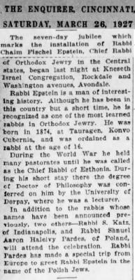 Article on the 1927 Installation of Rabbi Chaim Fishel Epstein as Rabbi of Kneseth Israel Congregation
