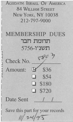 Agudath Israel of America (New York, New York) - Payment Stub, 1995