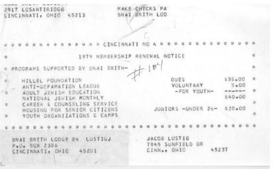 B'nai B'rith (Cincinnati, OH) - Membership Renewal Notice, 1979