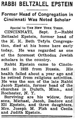Obituary for Rabbi (Rav) Avroham Betzalel Epstein - September 3, 1938