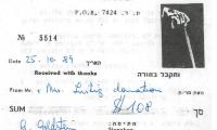 Association for the Blind (Jerusalem, Israel) - Contribution Receipt (no. 5514), 1989