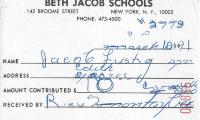 Beth Jacob and Hebrew Teachers College (New York, NY) - Contribution Receipt (no. 01885), 1991