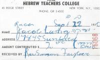 Beth Jacob and Hebrew Teachers College (New York, NY) - Contribution Receipt (no. 16068), 1970