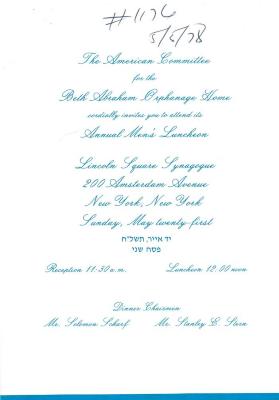 Beth Abraham, Inc. - Children's Orphan Home (Petach Tikva, Israel) - Invitation for the Annual Men's Luncheon, 1978