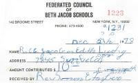 Beth Jacob and Hebrew Teachers College (New York, NY) - Contribution Receipt (no. 1223), 1978