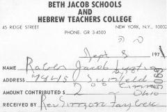 Beth Jacob and Hebrew Teachers College (New York, NY) - Contribution Receipt (no. 5069), 1971