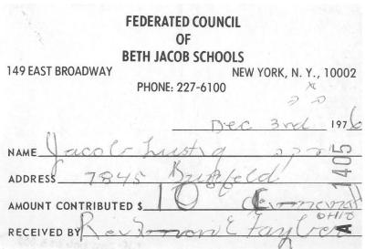 Beth Jacob and Hebrew Teachers College (New York, NY) - Contribution Receipt (no. 1405), 1976