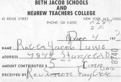 Beth Jacob and Hebrew Teachers College (New York, NY) - Contribution Receipt (no. 8740), 1973