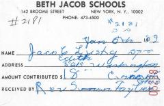 Beth Jacob and Hebrew Teachers College (New York, NY) - Contribution Receipt (no. 05228), 1989