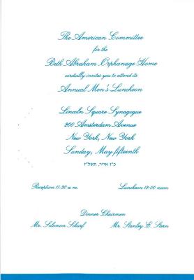 Beth Abraham, Inc. - Children's Orphan Home (Petach Tikva, Israel) - Invitation for the Annual Men's Luncheon, 1977