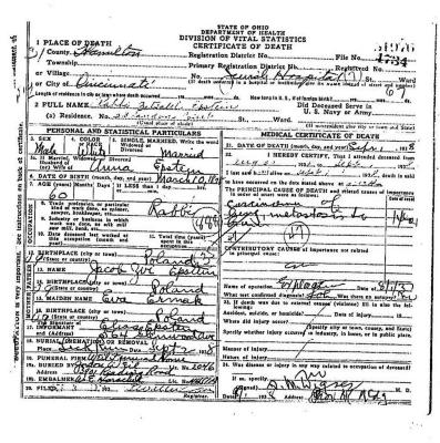 Death Certificate for Rabbi Bezalel Epstein (Cincinnati, Ohio) - 1938