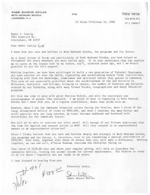 Beth Midrash Govoha (New York, NY) - Letter of Solicitation, 1982