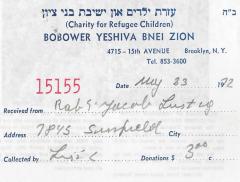 Bobower Yeshiva Bnei Zion (Brooklyn, NY) - Contribution Receipt (no. 15155), 1972
