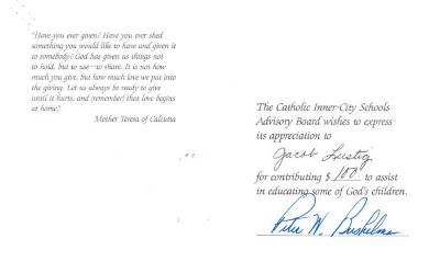 Catholic Inner-City Schools Educational Fund (Cincinnati, OH) - Thank You Card re: Contribution Made, 1983