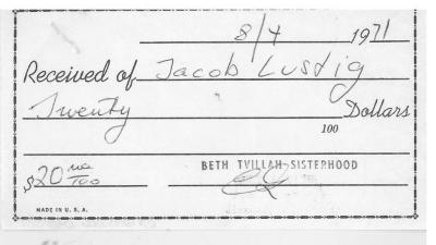 Beth Tvillah Sisterhood (Cincinnati, OH) - Contribution Receipt, 1971