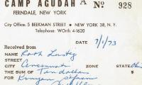 Camp Agudah (Ferndale, NY) - Contribution Receipt (no. 928), 1973