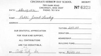 Cincinnati Hebrew Day Schools (Cincinnati, OH) - Contribution Receipt (no. 6323), 1971