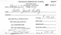Cincinnati Hebrew Day School (Cincinnati, OH) - Contribution Receipt (no. 5569), 1971