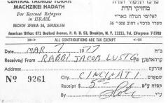 Central Talmud Torah Machzikei Hadath (Brooklyn, NY) - Contribution Receipt (no. 9261), 1977