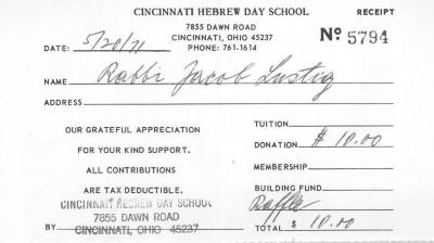 Cincinnati Hebrew Day (Cincinnati, OH) - Contribution Receipt (no. 5794), 1971